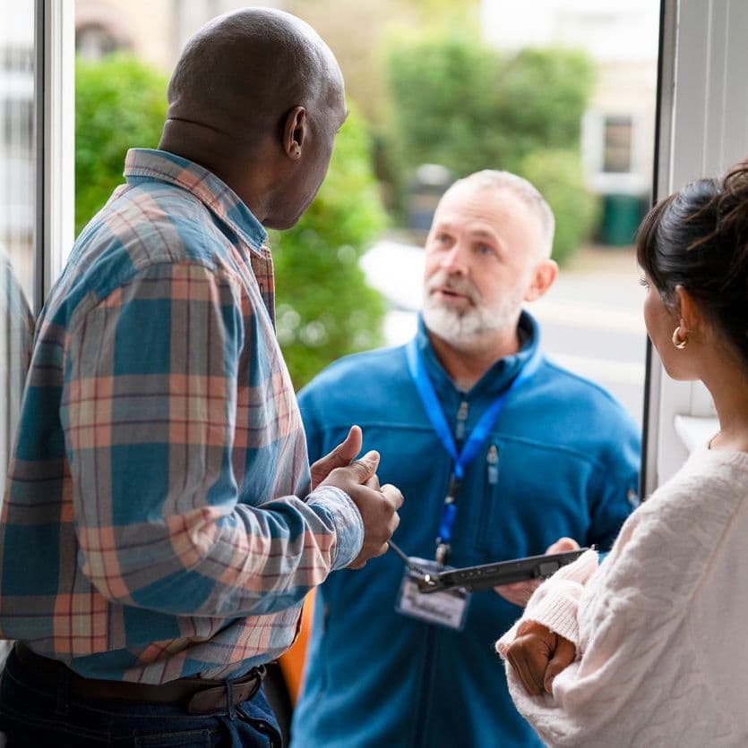 insurance adjuster arriving at house confident tablet day